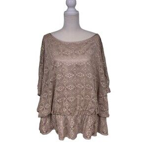 Le Bos Elegant Blouse Metallic Mesh Overlay Elastic Peplum Hem Champagne Sz 24W